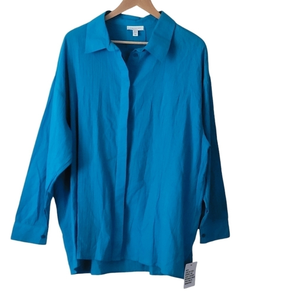 TOPSHOP Women's Button Front Shirt Cotton In Turquoise Oversized Size 6 NWOT